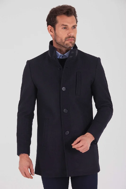 Personalized Design Slim Fit Funnel Stand Collar Light Navy Wool Blend Overcoat