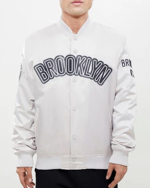 All-Day Comfort NBA BROOKLYN NETS BIG LOGO MEN'S SATIN JACKET (SILVER)