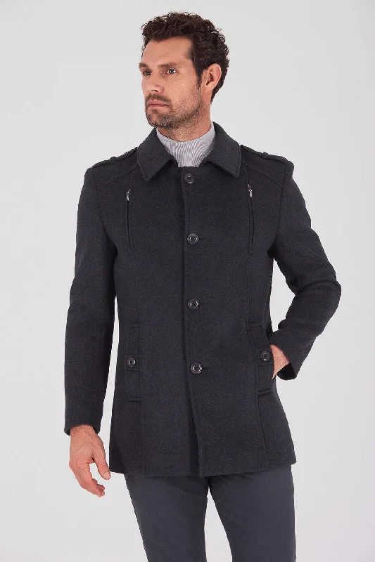 High-end Design Slim Fit Notch Lapel Bond Wool Charcoal Overcoat, Charcoal