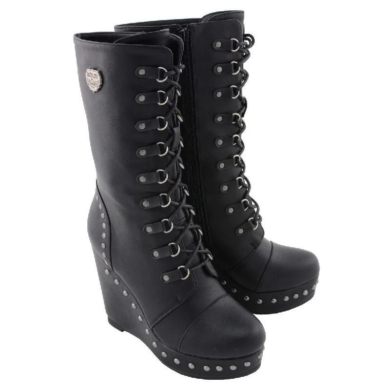 Chic Comfort Wear Milwaukee Leather MBL9438 Women's Black Tall Lace-Up Fashion Casual Boots with Platform Wedge Chic Comfort Wear Milwaukee Leather MBL9438 Women's Black Tall Lace-Up Fashion Casual Boots with Platform Wedge