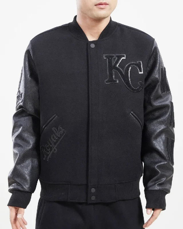 Stylish Wear MLB KANSAS CITY ROYALS TRIPLE BLACK WOOL MEN'S VARSITY JACKET (TRIPLE BLACK)