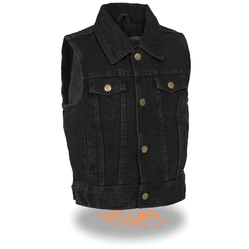 Carefree Style Milwaukee Leather MDK3910 Black Unisex-Child Kids Denim Snap Front Vest with Shirt Style Collar Carefree Style Milwaukee Leather MDK3910 Black Unisex-Child Kids Denim Snap Front Vest with Shirt Style Collar