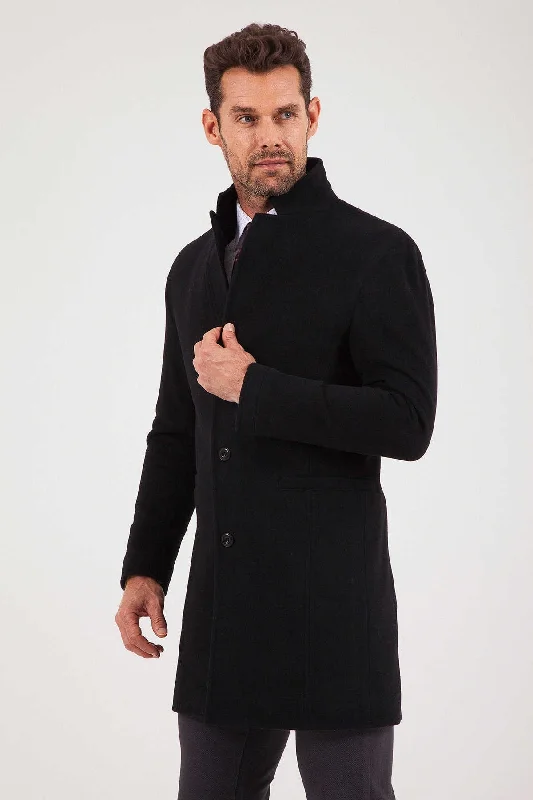 Design Perception Slim Fit Cachet Notch Lapel Black Wool & Cashmere Overcoat