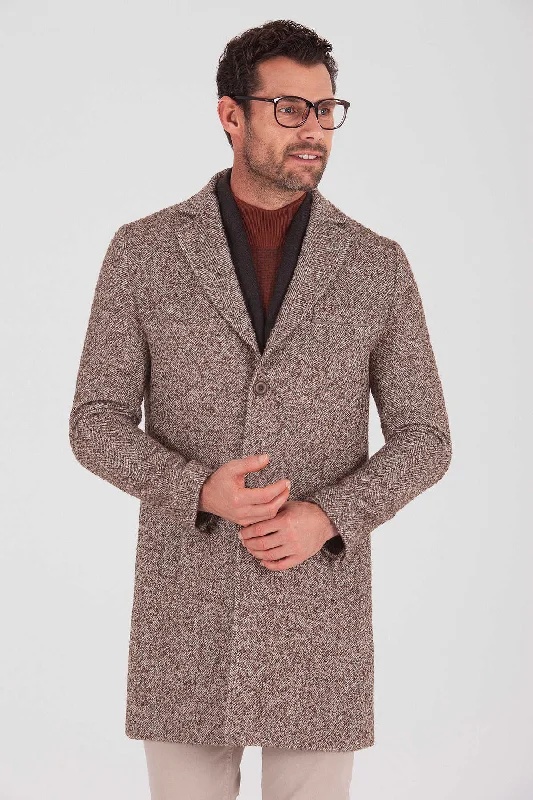 Fashionable Items Slim Fit Notch Lapel Kanyon Wool Blend Brown Overcoat, Brown D.