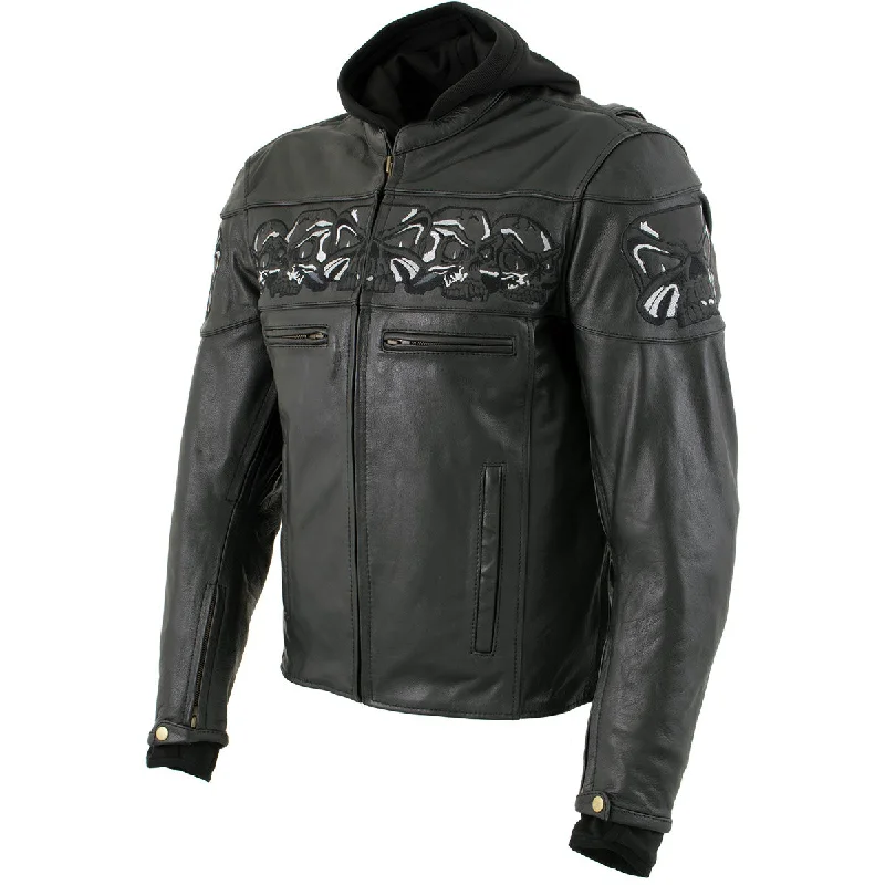 Soft Comfort Xelement XS1504 Men's ‘Futile’ Black Leather CE Armored Motorcycle Hooded Jacket with Reflective Skulls Soft Comfort Xelement XS1504 Men's ‘Futile’ Black Leather CE Armored Motorcycle Hooded Jacket with Reflective Skulls