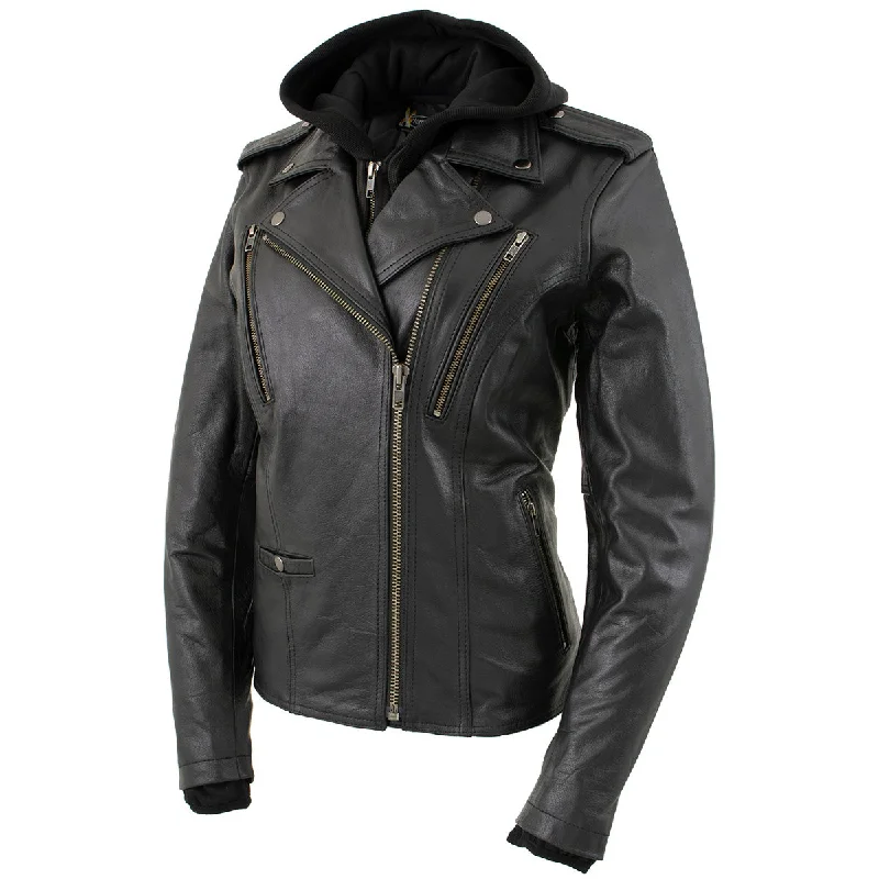 Fashionable Items Xelement XS2516 Women's Black ‘Madame’ Hooded and Vented Motorcycle Biker Leather Jacket Fashionable Items Xelement XS2516 Women's Black ‘Madame’ Hooded and Vented Motorcycle Biker Leather Jacket