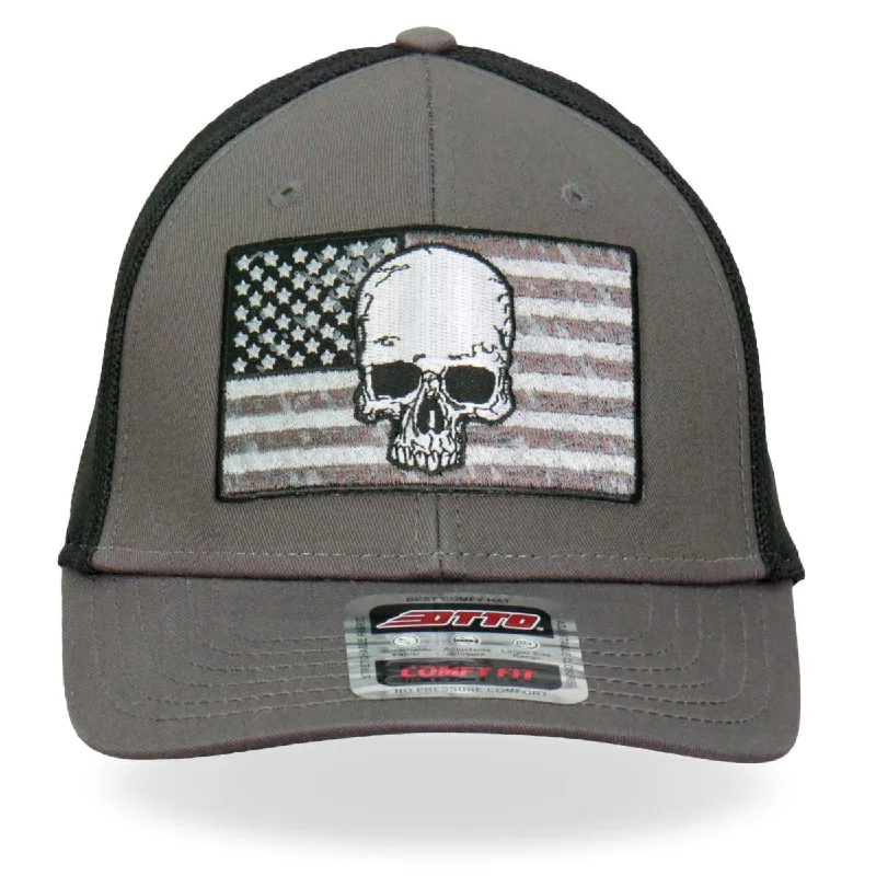 Stretch Design Hot Leathers GSH1021 Gray Skull Flag Trucker Hat