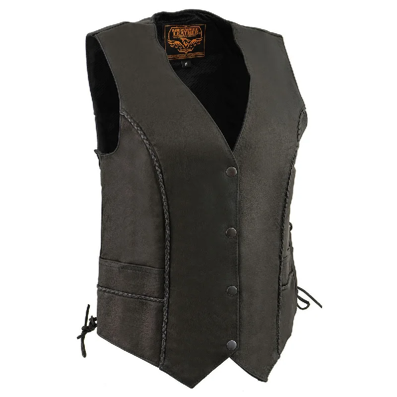 Elegant And Noble Milwaukee Leather MLL4560 Women's Black Premium Leather Classic Braided Side Lace Deep V-Neck Motorcycle Rider Vest Elegant And Noble Milwaukee Leather MLL4560 Women's Black Premium Leather Classic Braided Side Lace Deep V-Neck Motorcycle Rider Vest