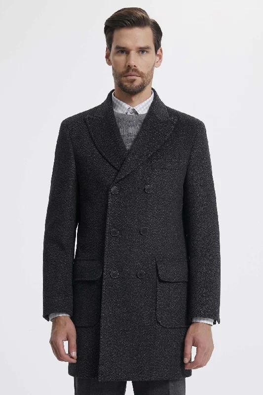 Cozy Shirts Slim Fit Double Breasted Peak Lapel Wool Gray Overcoat, Gray D.