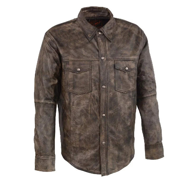 Carefree Milwaukee Leather MLM1606 Men's 'Button Down' Distressed Brown Casual Biker Leather Shirt Carefree Milwaukee Leather MLM1606 Men's 'Button Down' Distressed Brown Casual Biker Leather Shirt