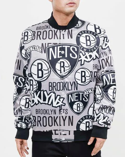 Effortless Comfort NBA BROOKLYN NETS AOP MEN'S SATIN JACKET (BLACK)