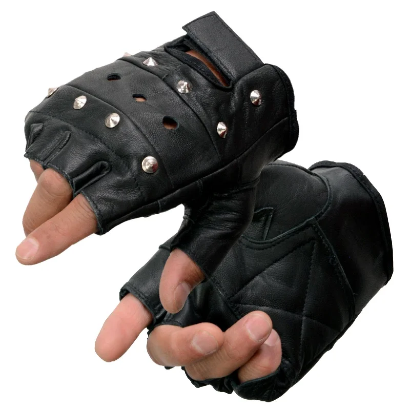Design Trend Milwaukee Leather SH211 Men's Black Leather Gel Padded Palm Fingerless Motorcycle Hand Gloves W/ ‘Open Knuckle’ & Detailing Design Trend Milwaukee Leather SH211 Men's Black Leather Gel Padded Palm Fingerless Motorcycle Hand Gloves W/ ‘Open Knuckle’ & Detailing