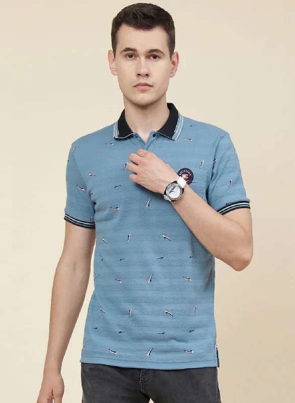 Lively And Youthful Men Teal Blue Printed T-Shirt