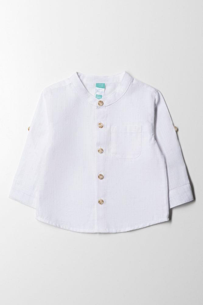 Relaxed Fit Mandarin Collar Long Sleeve Shirt White