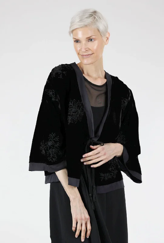 Cozy Outerwear Anika Embroidered Velvet Kimono, Black