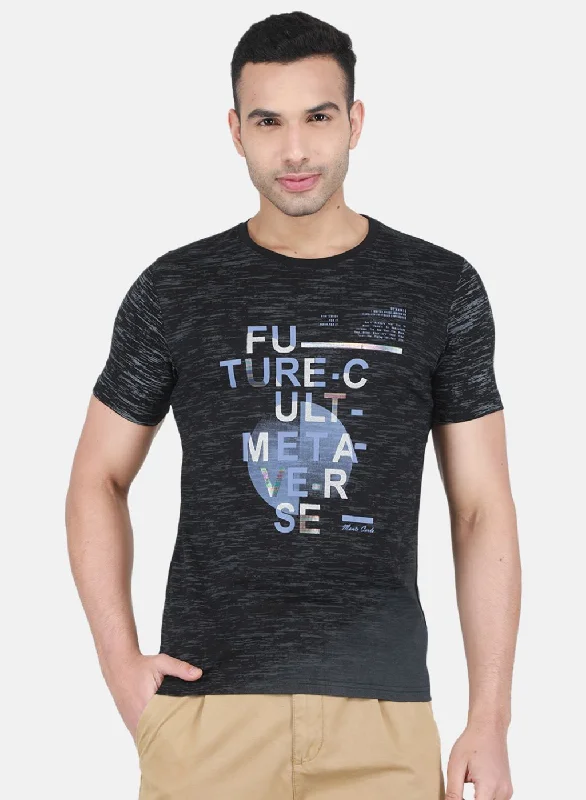 Casual And Versatile Men Black Printed T-Shirt