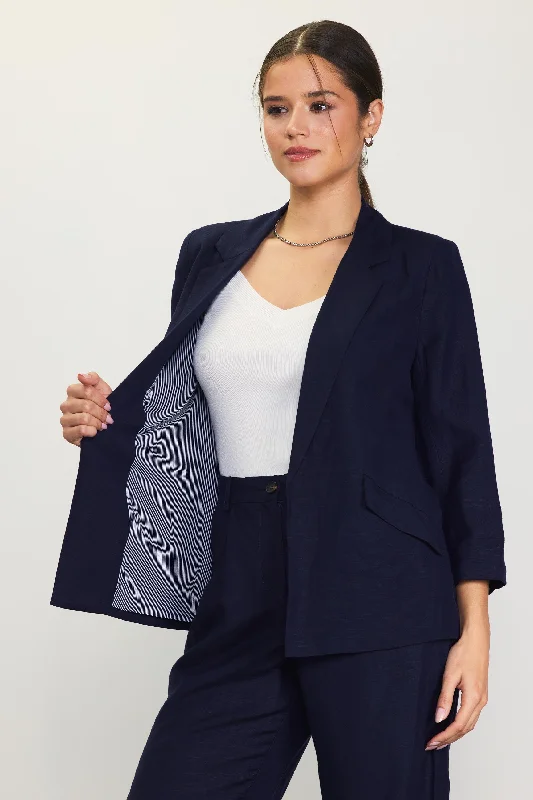 Retro Prints Linen Blend Three-Quarter Sleeve Blazer