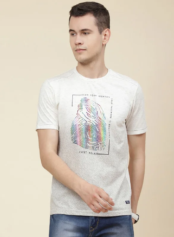 Party Wear Men Off White Printed T-Shirt