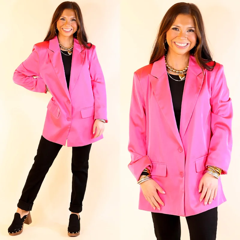 Chic Outfits Touch Of Luxury Long Sleeve Satin Blazer in Hot Pink