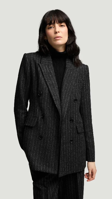 Cozy Pants Belted Double-Breasted Blazer in Wool Blend | Grey Pinstripe
