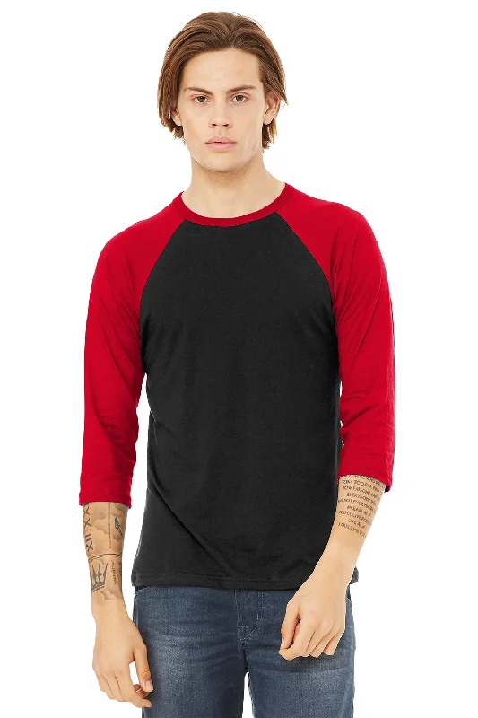 Exclusive Customization Bella + Canvas Mens 3/4 Sleeve Crewneck T-Shirt - Black/Red