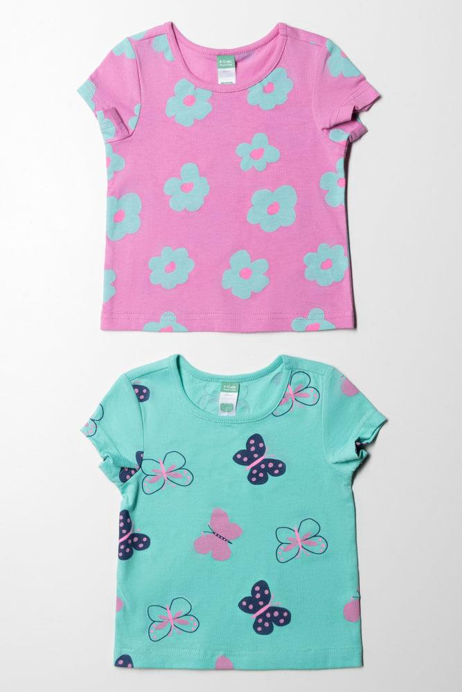 Lace Design 2 Pack Flower Butterfly Short Sleeve T-Shirts Pink & Aqua