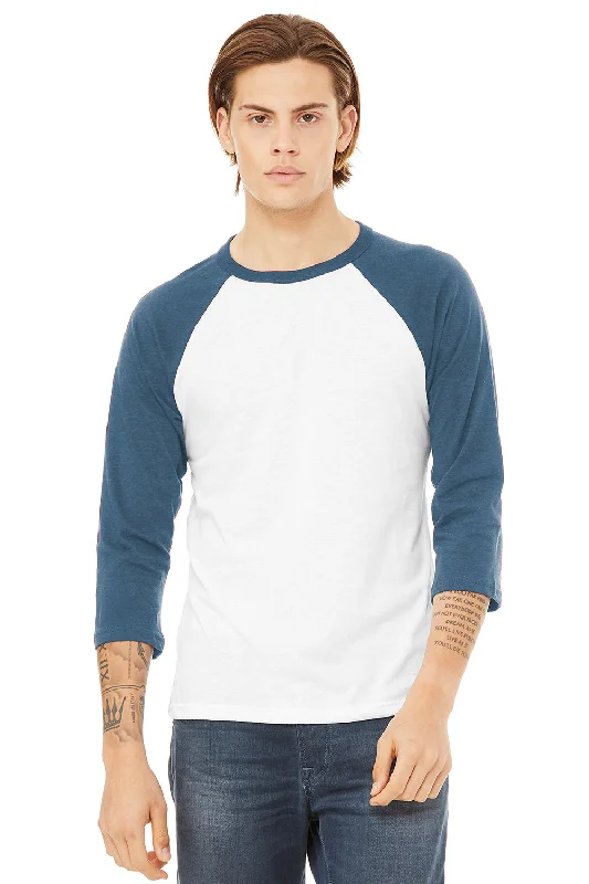 Celebrity Style Bella + Canvas Mens 3/4 Sleeve Crewneck T-Shirt - White/Denim Blue - Closeout