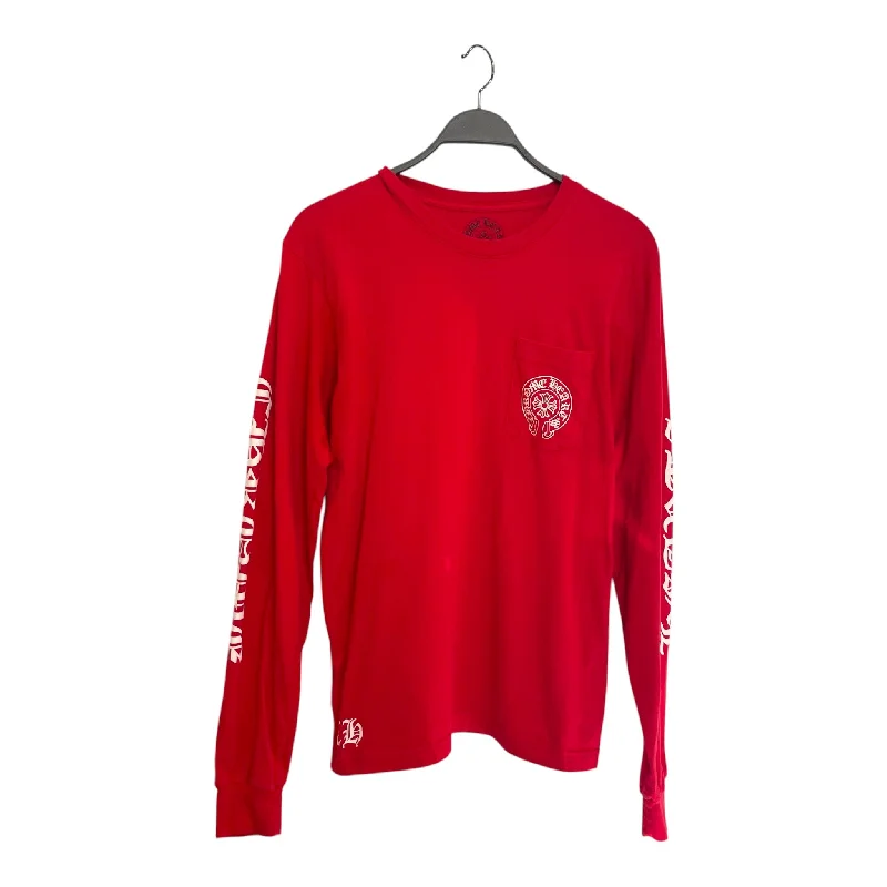 Exclusive Customization CHROME HEARTS/LS T-Shirt/L/Cotton/RED/BACK SCRIPT/ARM LOGO/CHEZT HRT