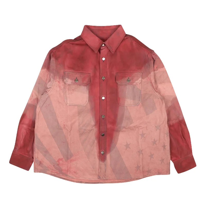 Single-shoulder Neck Design 424 On Fairfax All Over Print Flag Denim Shirt - Red/Gray