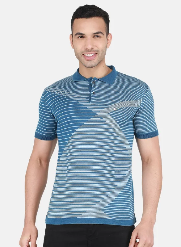 Retro Design Men Blue Self Design T-Shirt