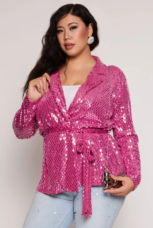 Fashion Must-have Plus Size Foiled Lurex Tie Front Blazer