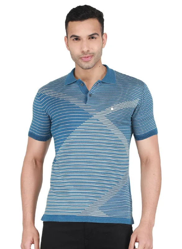 Comfortable Mind Men Blue Self Design T-Shirt