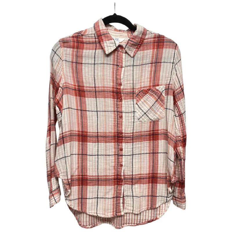 Tropical Style Top Long Sleeve By Time And Tru In Plaid Pattern, Size: S