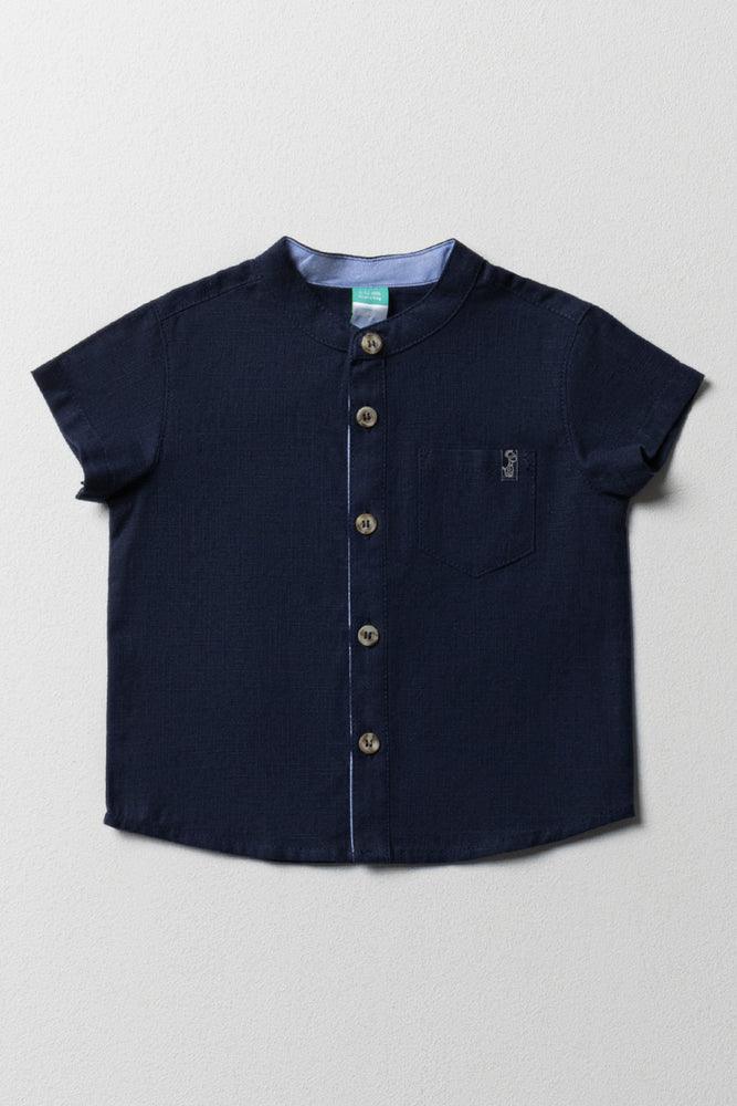 Simple Elegance Mandarin Collar Short Sleeve Shirt Navy