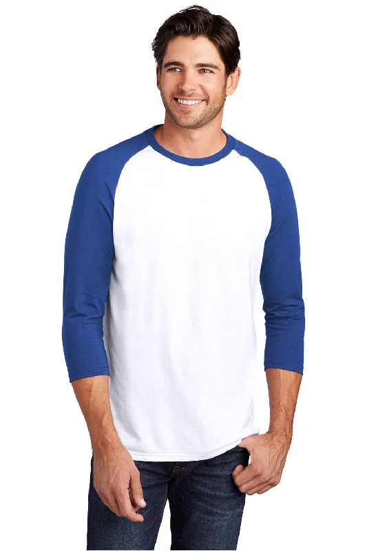 Noble And Elegant District Mens Perfect Tri 3/4 Sleeve Crewneck T-Shirt - White/Deep Royal Blue