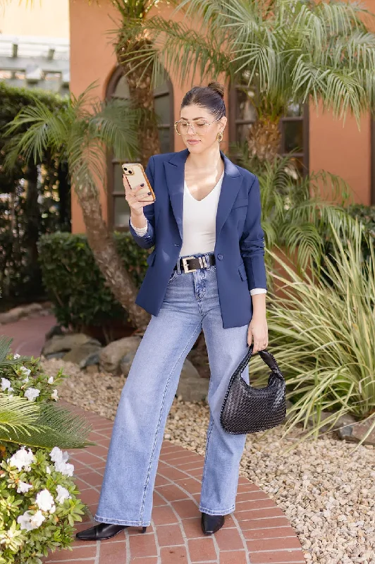 Summer Comfort Monique Long Sleeve Notched Lapel Blazer Navy
