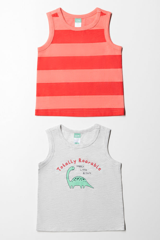 Simple Solid Color 2 Pack Dino And Stripe Printed Vests Red & Grey