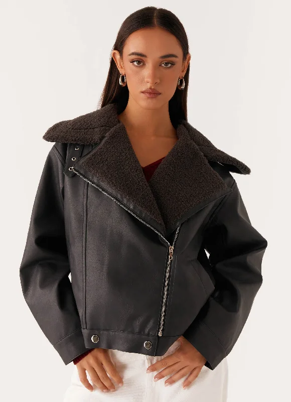 Light Dressing Inka PU Leather Shearling Jacket - Charcoal
