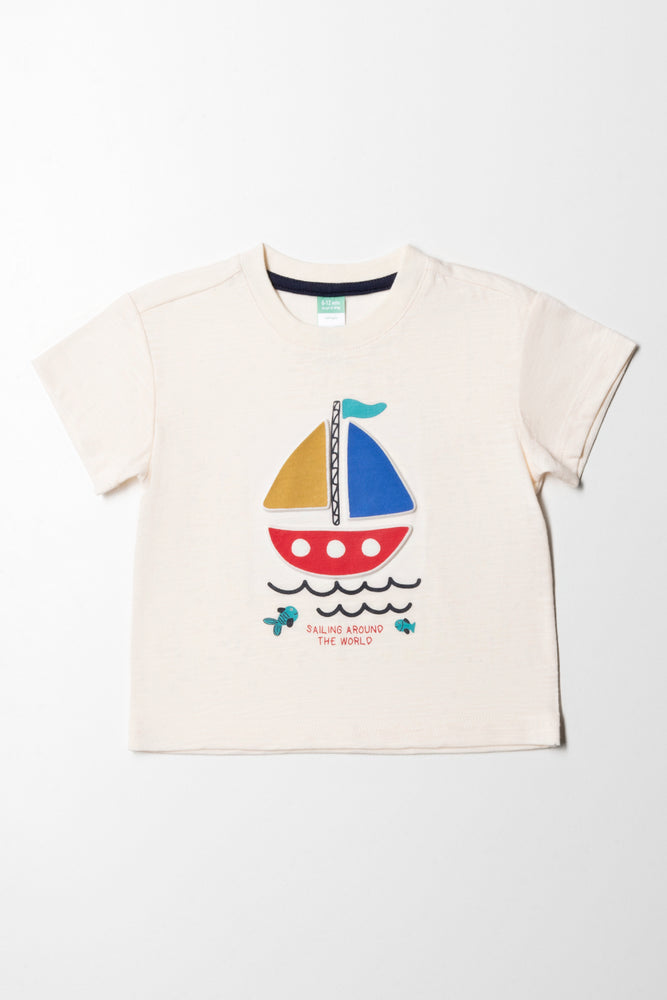 Soft Fabric Looks Embossed Sailboat T-Shirt Cream