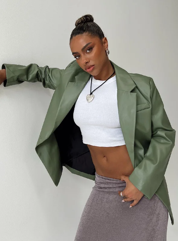 Refreshing Design Jocelyn Faux Leather Blazer Olive Green