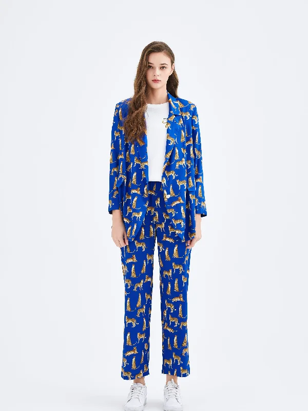 Relaxed Fit Wear Cobalt Leopard Printed Silk Blazer