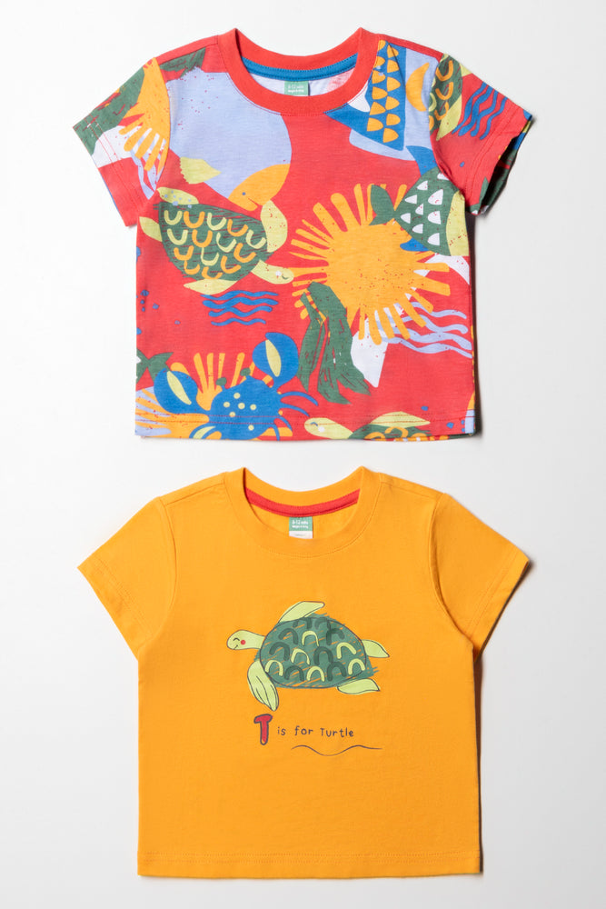 Celebrity Style 2 Pack Turtle Printed T-Shirts Orange & Red