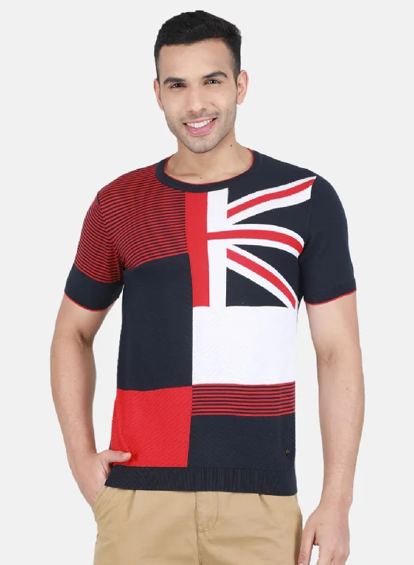 Exquisite Design Men NAvy Blue Self Design T-Shirt