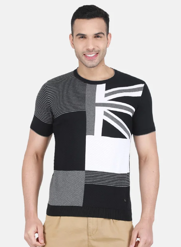 Classic Style Men Black Self Design T-Shirt