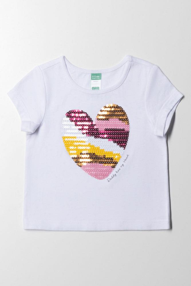 Advanced Design Sequin Heart Short Sleeve T-Shirt White