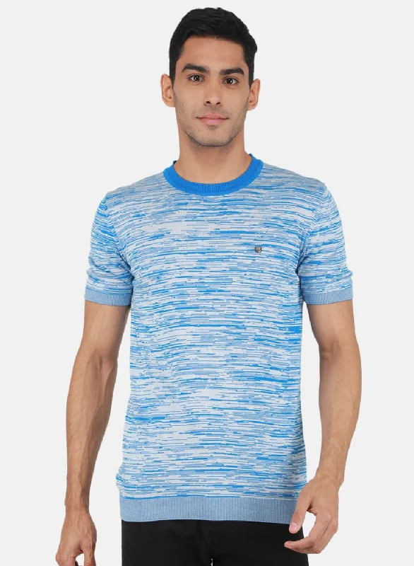New Design Men Blue Self Design T-Shirt