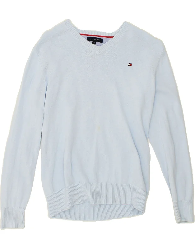 Carefree TOMMY HILFIGER Boys V-Neck Jumper Sweater 9-10 Years Blue Cotton
