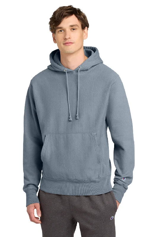 Easygoing Outfits Champion Mens Reverse Weave Garment Dyed Hooded Sweatshirt Hoodie w/ Pouch Pocket - Saltwater Blue - NEW