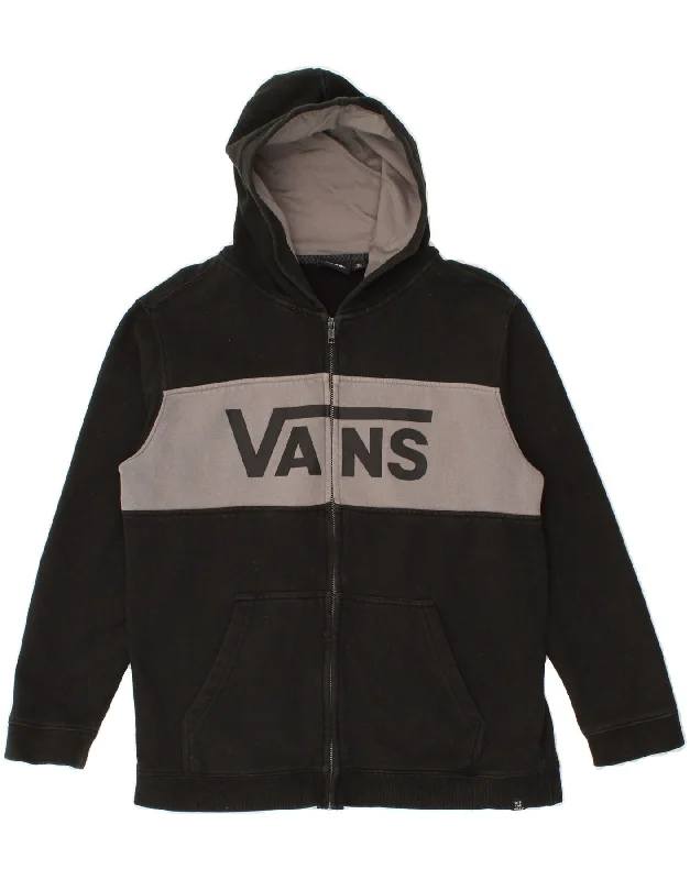 French Style VANS Boys Graphic Zip Hoodie Sweater 14-15 Years XL Black Colourblock