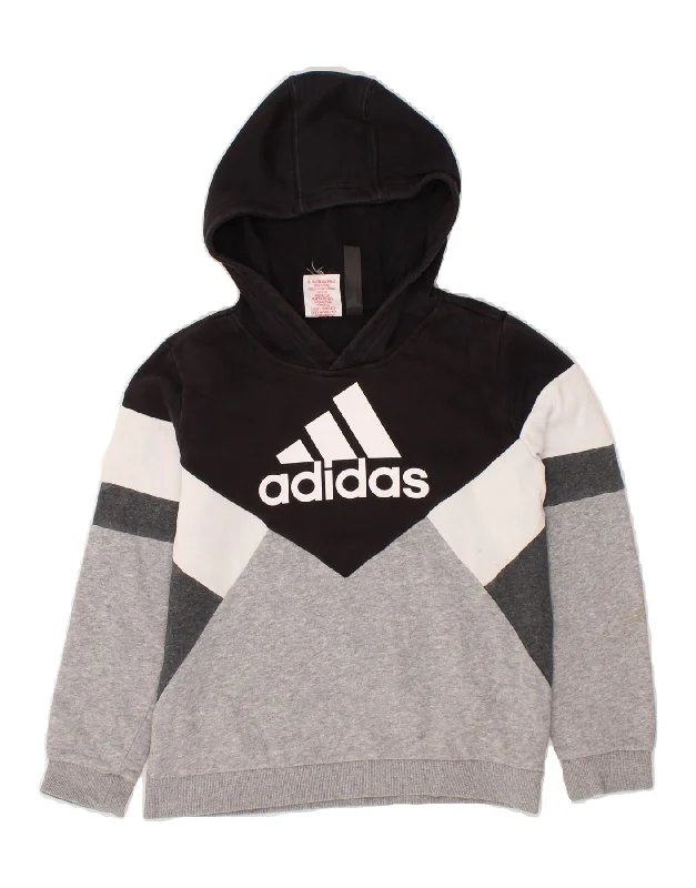 Quality Tailoring ADIDAS Boys Graphic Hoodie Jumper 9-10 Years Grey Colourblock Cotton